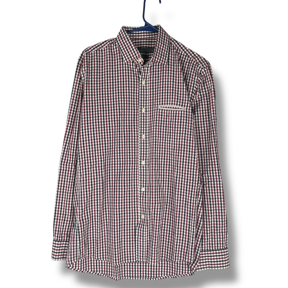 Carven Men’s M Medium Red Blue Button-Down Shirt Plaid Long Sleeve Cotton